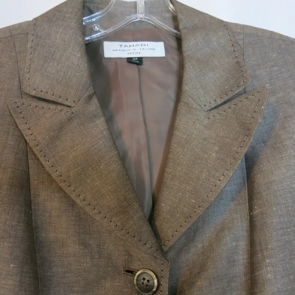 TAHARI Skirt Jacket Suit Set Size 10 Petite Light Brown Linen Blend Business